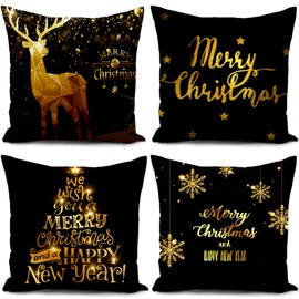 HUASHUZI Christmas Black Cushion Covers Xmas Christmas Decorations Throw Pillow Cover Gold Deer Set of 4 Christmas Decor for Party Family Home Sofa Livingroom 18x18 Inch (45x45cm)