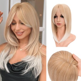Hair Toppers,TESS Synthetic Hair Toppers for Women with Thinning Hair,Long Straight Hair Topper with Bangs，6″*6″Large Silk Base Invisible Clips in Hair Toppers 14" Gold Blonde Mixed Bleach Blonde