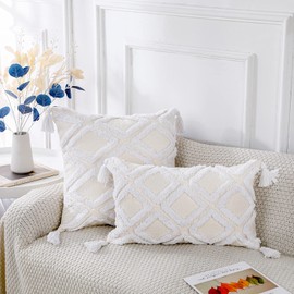 PANOD Super Soft Farmhouse Decorative Plush Throw Pillow Covers 20 x 20 White,Solid Diamond Pattern Tufted with Tassels Modern Accent Boho Square Cushion Cover Pillow Case for Couch Sofa