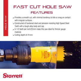 Starrett Bi-Metal Fast Cut Straight Pitch Hole Saw with Abrasion Resistant HSS Teeth - Ideal for Cutting Metal, Steel, and Wood - 4" Diameter, 1-5/8" Depth - FCH0400-G