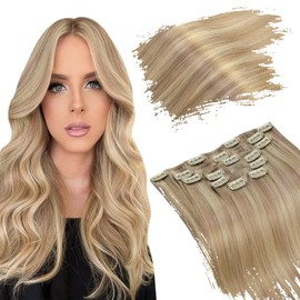 Ugeat Clip in Hair Extensions Human Hair Highlight Remy Hair Extensions Clip in Human Hair Medium Blonde Highlight Golden Blonde 70g 7pcs #P16/22 12 inch
