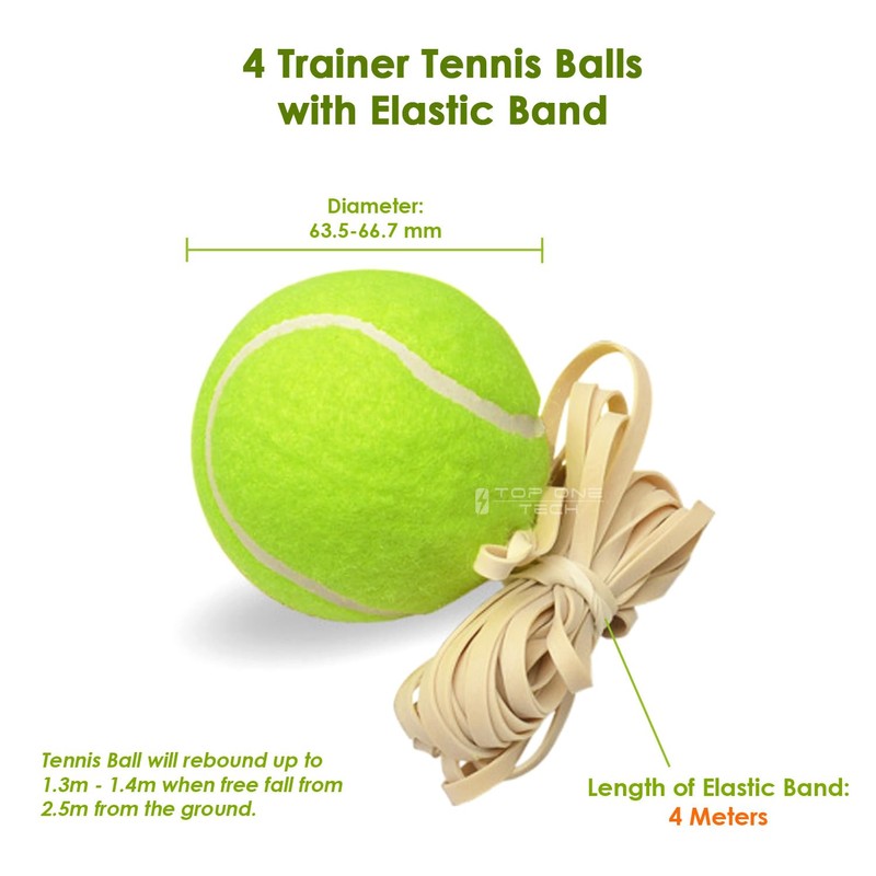 4 x Tennis Trainer Balls with Elastic Band Rebound, Single