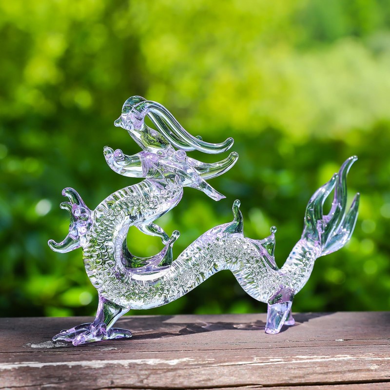 LONGWIN Crystal Dragon Statue Hand Blown Glass Dragon Figurines Chinese