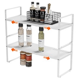 DPZM Stackable Kitchen Cabinet Organizer, Adjustable Metal Counter Shelf, Expandable Spice Rack Shelving Riser for Countertop Pantry and Cupboard, White, Set of 2