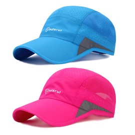 AYPOW Baseball Cap Women Men 2 Pieces Breathable Sports Thin Mesh Summer Cap Adjustable Quick Drying Lightweight Sun Protection Baseball Cap for Outdoor Running Tennis Golf Travel, Pink and blue