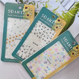 hyhy 5D Nail Flowers Art Stickers, 3 Sheets Autumn Self-Adhesive Decals Designs, Yellow White Colorful Flower Sticker, Summer Floral Manicure Stickers Decorations for DIY