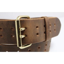 Construction Grade, Two Prong, Heavy Duty, Full Grain Leather Work Belt, 2” Wide, Made in USA (Distressed Brown, Brass Buckle, 36" (Waist 34))