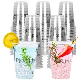 AimFun Mr and Mrs Plastic Cups Wedding Bridal Shower Disposable Party Cups Wedding Reception 12oz Clear Drinking Cups for Anniversary Birthday Party Supplies Decorations (100)