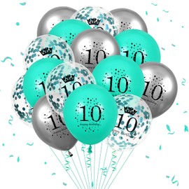 10th Birthday Balloons Decorations, 15PCS Teal Silver 10th Happy Birthday Turquoise Balloons Supplies for Kids Girl Boy 10 Years Old Anniversary Cyan Birthday Party Latex Clear Confetti Balloons Decor