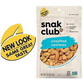 Snak Club Roasted & Unsalted Cashews, 2.5 Ounce (Pack of 6)