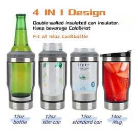 PCSCER 4 in 1 Travel Mug and Can Insulator for 12 oz Can and Beer Bottle. Stainless steel Vacuum Insulated Cup and Thermocooler. (Olive green)