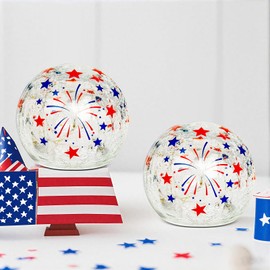 Slugeren 2 Pcs 4th of July Decorations, 4" Patriotic Crackle Glass Ball Light with Timer, Independence Day Red White Blue LED Table Centerpiece Decor Lighted Decorative Ball Lamp for Party Gift
