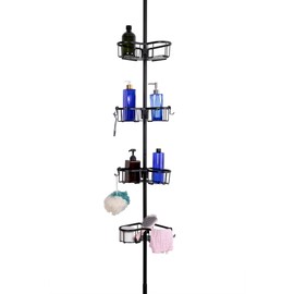 Utopia Alley Flat Shelf Tension Rod Shower Organizer - Rustproof Corner Shower Caddy with 4 Adjustable Shelves - Stand Up Shower Corner Shelf, Bathtub Corner Rack - Matte Black Finish