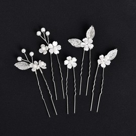 YUEKISEN Bride Flower Wedding Hair Pins Gold Silver Leaf Headpiece Floral Hair Accessories for Women White Flower Hair Pins Clips (Silver)