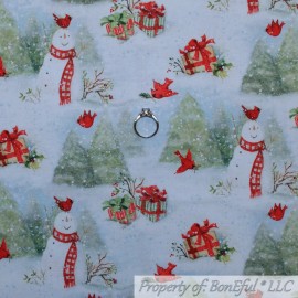 Springs Creative BonEful FABRIC FQ Cotton Quilt White Green Xmas Tree Snowman Red Cardinal Scenic