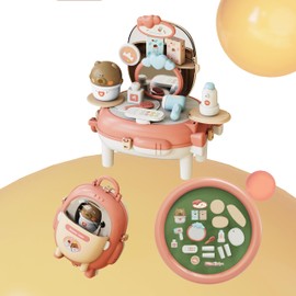 Kids Pretend Play Beauty Vanity Set with Bear Backpack, 2-in-1 Portable Makeup Dresser Toy with Accessories, Pink（HY-22