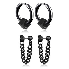 Mens Hoop Earrings With Cross Feather Cone Ball Chain Dangle Black Silver 316L Stainless Steel Punk Hip Hop Rock Gothic Style Kpop Earrings For Men Women (Black-2)