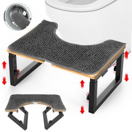 Bamboo Toilet Stool Foldable, 7 in, 8 in Or 9 in Adjustable Heights Squat Stool Potty for Adults Kids,Poop Step Stool with Extra Soft Microfiber Rug, Improve Bathroom Posture and Comfort