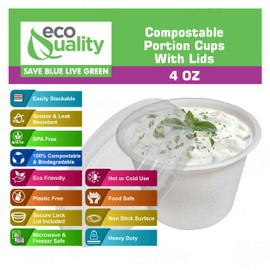 EcoQuality 4 Oz Compostable Portion Cups with Lids - Condiment Souffle Cups with Lid - Biodegradable Sauce Cups - Disposable Sample Cups, Slime, Jello Shot Cups, Food Storage, Takeout, Dressing (400)