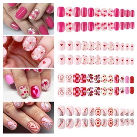 96 Pcs Kids Stick on Nails, Pink Heart Press on Fake Nail Tip, Kids False Nails with Glue, Full Cover Short False Nails DIY Manicure for Girls Nail Art Decoration