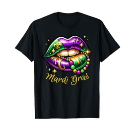 Mardi Gras Lips Outfit Women Queen Beads Fleur De Lis Parade T-Shirt