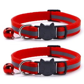 Reflective Cat Collar with Bell 2pcs Breakaway Adjustable Solid Color Kitten Safety Collars for Kitty Boys & Girls Pet Supplies (Red)