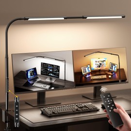 LED Desk Lamp for Home Office, Eye-Caring Desk Light with Adjustable Gooseneck, Dual Screen Computer Monitor Light with Stepless Dimming, Stepless Color Temp, Memory Function for Study, Workbench