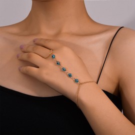 Xmsrn Vintage Devil Eye Finger Ring Bracelet Blue Eye Slave Bracelet Hand Chain Boho Eye Wrist Chain Bracelet Eye Slave Hand Chain Bracelet for Women