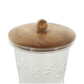 Deco 79 Glass Floral Living Room Decorative Jars Beaded Decorative Container with Brown Wooden Lids and Round Knobs, Set of 2 Jar with Lid 7", 6"H, Clear