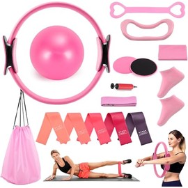16 en 1 Pilates Kit, Kit de Pilates con Pelota de Yoga, Anillo, Resistencia, Correa de Estiramiento, Discos Deslizantes, Calcetines, Bolsa de Gimnasio