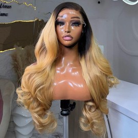 Body Wave 13x6 HD Lace Frontal Ombre Blonde Lace Front Wigs Human Hair Black Roots to Honey Blonde Natural Curly HD Transparent Lace Wigs 34 Inch Pre Plucked with Baby Hair for Women 150% Density Wig