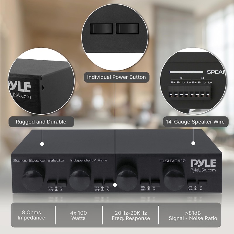 Pyle 4 Channel High Power Stereo Speaker Selector with Volume