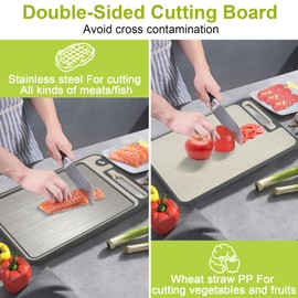 Chopping Board for Kitchen Double Sided Chopping Board Made of 304 Stainless Steel, Food Grade Stainless Steel and Wheat Straw PP, Non-Toxic, Non-Slip, Easy to Clean