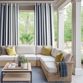 HPD Half Price Drapes Villanova Striped Grommet Outdoor Curtains for Patio (1 Panel) - UV & Water Resistant Light Filtering 200 GSM Polyester Curtains - 50W x 84L, Nautical Navy Blue Stripe