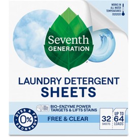 Seventh Generation Laundry Detergent Sheets – Free & Clear, Sensitive Skin Formula, Safer for Your Family – Up to 64 Loads
