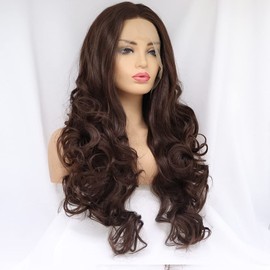 Xiweiya Wigs Long Curly Wig 6# Brown Synthetic Lace Front Wig Hair with Heat Resistant Fiber Middle Parting Dark Natural Hair for Women,Drag Queen Makeup Cosplay Party 24Inches