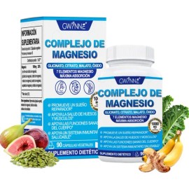 Gwynne Suplemento Complejo Magnesio Elemental 1000mg Glicinato Citrato Malato Taurato Quelatado Fácil Absorción Huesos Músculos Recuperación Energía