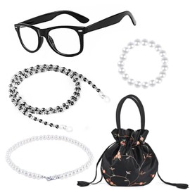 Matiniy 5 PCS Old Lady Costume Set Eyeglasses Glasses Chain Necklace Bracelet for Women Granny Dress Up (Style13)