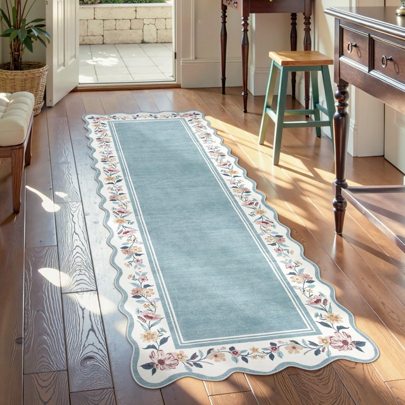 Lahome Floral Blue 2x6 Runner Rug for Hallway,Scalloped Washable Rug