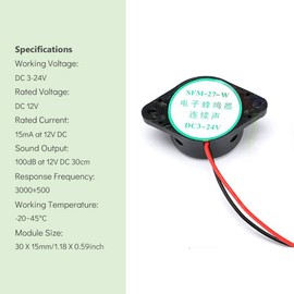 RUNCCI-YUN DC 3-24V Electronic Buzzer Alarm Sounder Continuous Sound Lntermitent Beep (Pack of 5) + 9V Blocks Plug Connection Cable