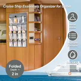 F-color Hanging Organizer - Over the Door Shoe Organizer - Cruise Essentials for Cabin, 16 Breathable Mesh Pockets, Space Saving Hanging Storage Holder with 4 Packs Over-the-Door Metal Hooks,Grey