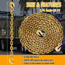 SENKEYFE 1/4" Tow Chain|G80 Log Chain with G70 Clevis Grab Hooks for Towing|25FT Heavy Duty Chains Wll 3300 Lbs|Tie Down Trailer Transport Safety Chains for Towing Truck Tie Down Binding Equipment