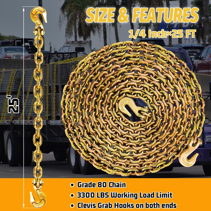 SENKEYFE 1/4" Tow Chain|G80 Log Chain with G70 Clevis Grab