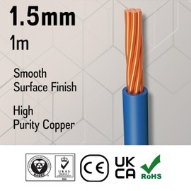 Primes DIY Single Core Conduit Cable 1.5mm Copper Wire Insulated PVC, Stranded Flexible Coil 6491X Electrical Wire, BASEC Approved – Blue Neutral (1 Meter), Home Improvement