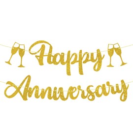 Happy Anniversary Gold Glitter Banner, Birthday Wedding Anniversary Party Decoration Supplies for Any Age