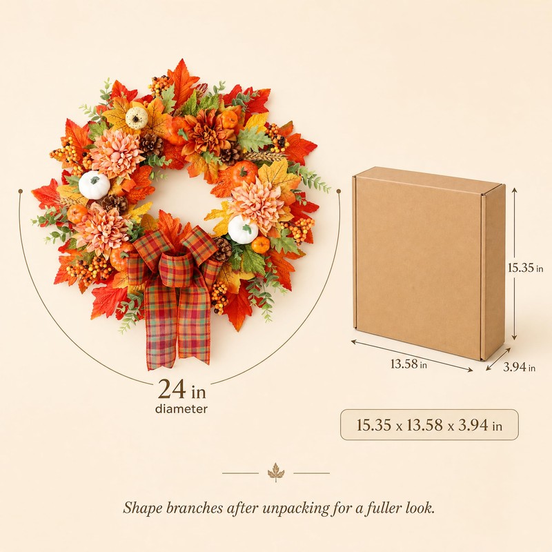 24 Inch Fall Wreath for Front Door, Autumn Harvest Farmhouse