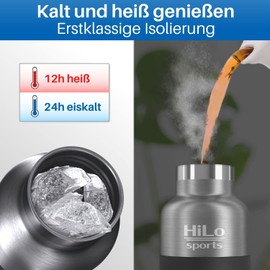 HiLo sports Insulated Drinking Bottle Bicycle Stainless Steel 600 ml - Keeps Warm for 12 Hours and Cold for 24 Hours, Thermal Cycling Bottle - Leak-Proof Metal Bicycle Water Bottle with 2 Closures