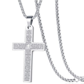 Rehoboth Engraved Bible Verse Our Father Lord's Prayer Cross Pendant Necklace for Men Women 24 Inch Stainless Steel Chain Silver