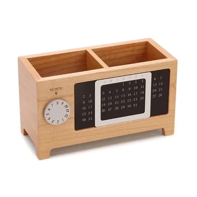 Wooden Desk Organizer with Calendar for Pens & Remotes -