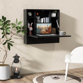 Tangkula Wall Mounted Desk, Folding Floating Wall Mount Laptop Desk, Space Saving Wall Mounted Table with Storage Drawer & Shelves (Black)